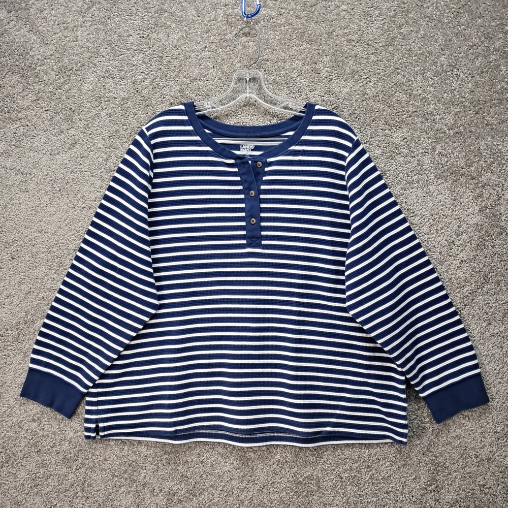 Lands End Womens 2X Navy Blue White Striped Waffle Knit Henley Top Long Sleeve